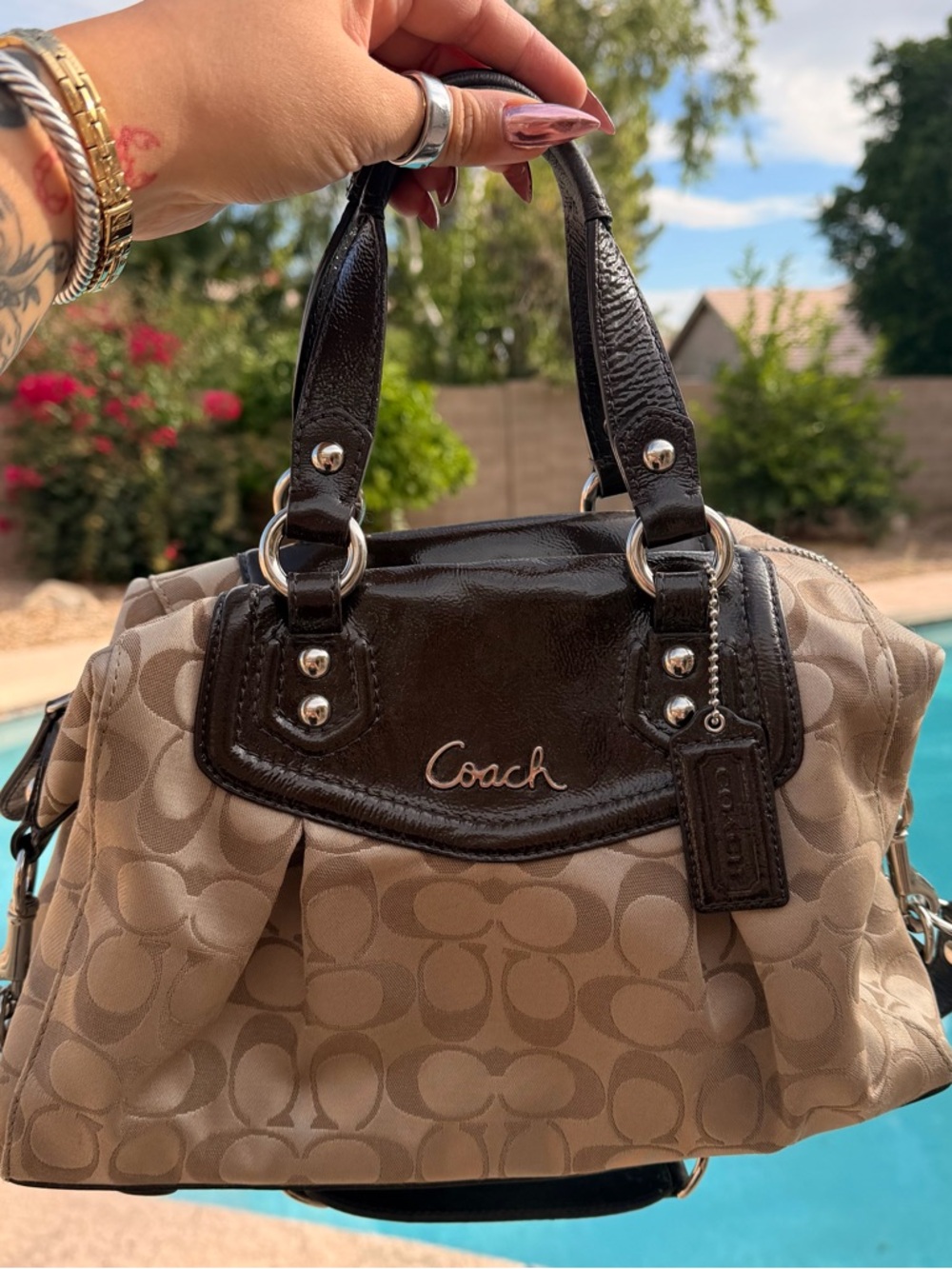 Coach Khaki Signature Canvas Shoulder Bag with Dark Brown Trim